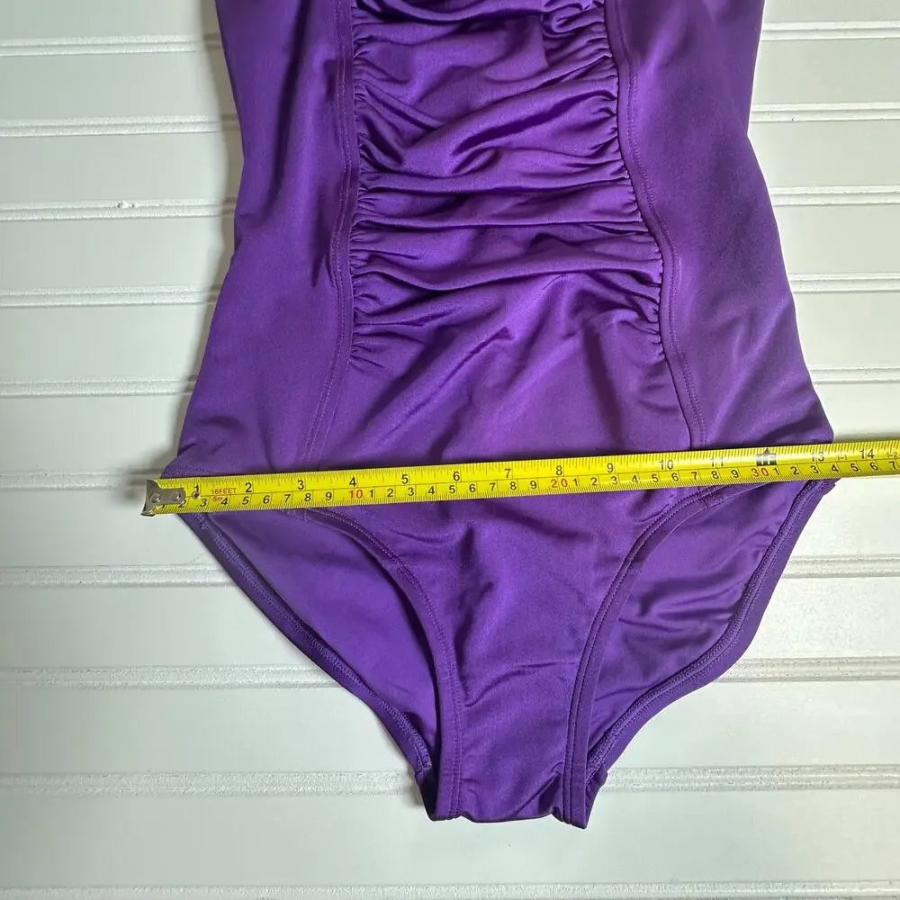 Women Purple One Piece Swimsuit Ruched Front Full Coverage Stretch Size M